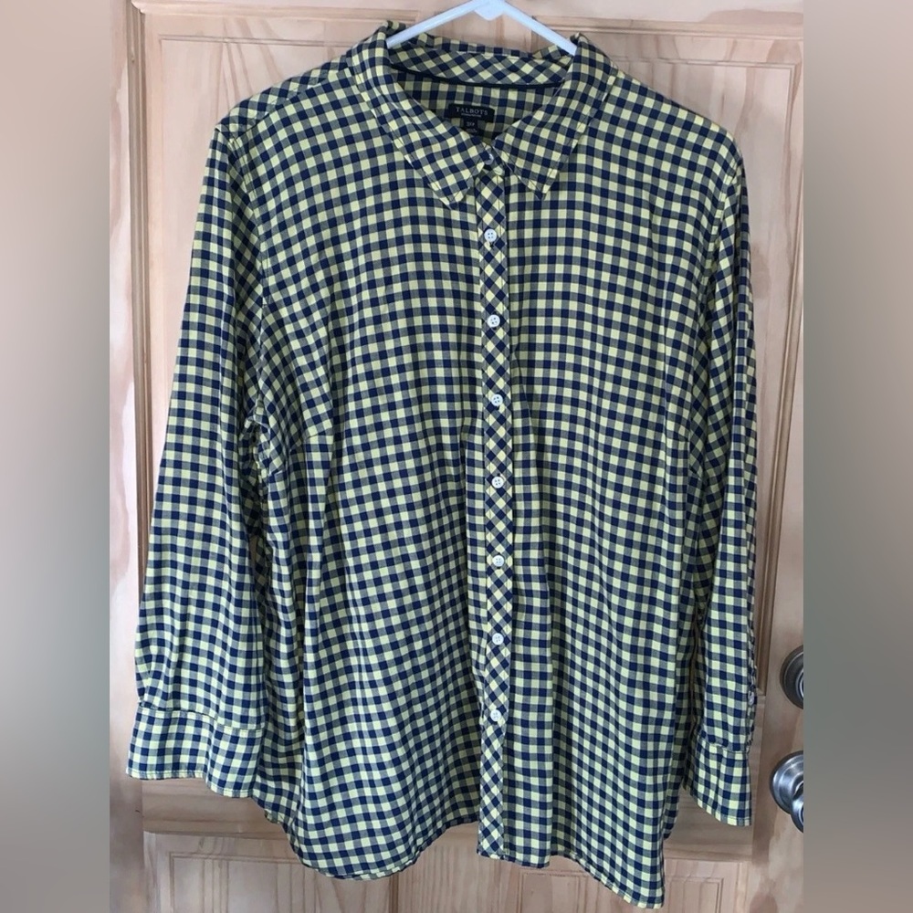 Talbots Blouse Navy Blue Yellow Gingham Casual 100% Cotton Shirt Women’s 3XP